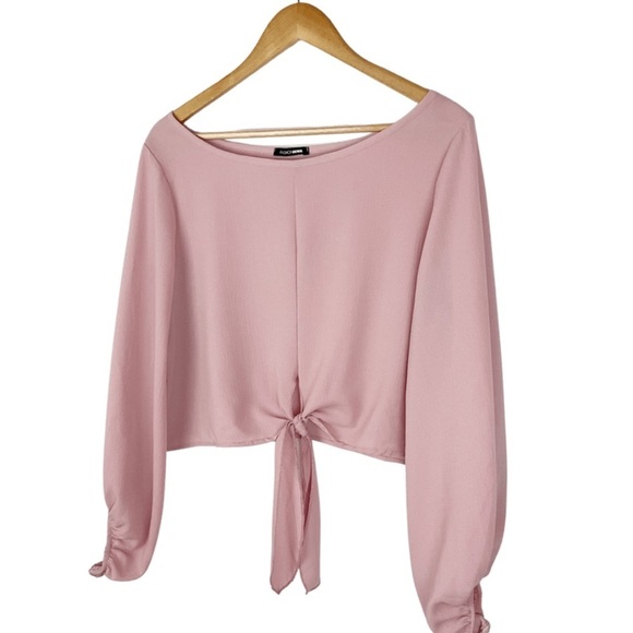 Fashion Nova Long Sleeve Tie Front Pink Crop Top - Picture 7 of 16